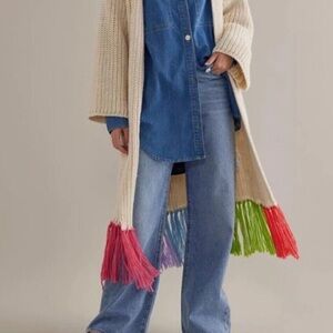 Anthropologie long Multicolor rainbow knit fringe cardigan sweater open duster